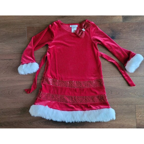 Bonnie Jean Dress Girls Sz 6 Christmas Red Faux Fur Holiday Sequin Sparkle - Picture 11 of 14